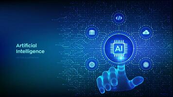 AI. Artificial intelligence. Machine learning technology. Big data. Neural networks. Background with circuit board connections and tech icons. Wireframe hand pressing button. Vector Illustration.