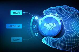 Partnership levels knob button. Increasing cooperation level. Wireframe hand setting a Partnership level knob button on highest position. Business Global communication. Teamwork. Vector illustration.