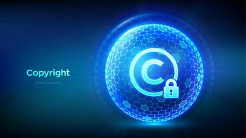Copyright. Patents, Intellectual property protection law and rights. Abstract 3D sphere or globe with surface of hexagons with Copyright icon illustrates Protect business ideas. Vector illustration.