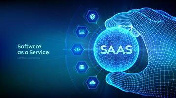 SaaS. Software as a service technology concept in the shape of sphere with hexagon pattern in wireframe hand. Cloud computing service. Data server, remote database. Vector Illustration.