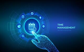 Time management concept. Planning, organization, working time. Project management efficiency succesful strategy concept on virtual screen. Robotic hand touching digital interface. Vector illustration.