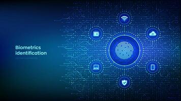 Fingerprint scanning. Biometrics identification. Personal Data protection. Cyber Security. Private secure safety. Background with circuit board connections and tech icons. Vector Illustration.