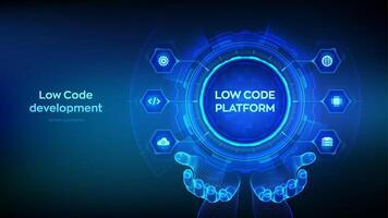 Low code platform and No Code development technology concept in wireframe hands. LCDP and NCDP - software development using graphical interfaces. Vector illustration.