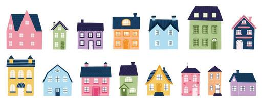 Set cozy house in scandinavian style. Colorful flat residential houses. Cute hand drawn vector illustration