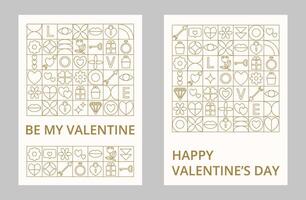 Two creative cards of abstract geometric outline shape and text for Happy Valentine's Day. Background of gold line icons with symbol of love. Trendy design for card or poster, advertising, branding. vector