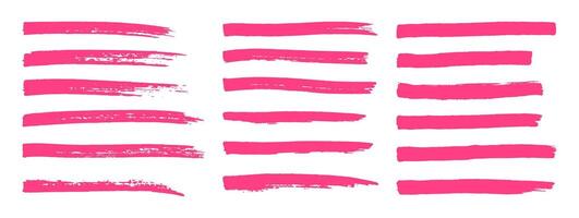 Set isolated long hand drawn markers stripes. Grunge texture stroke lines. Pink emphasis highlight elements. Vector illustration. Decoration for reminder, selection, direction, note