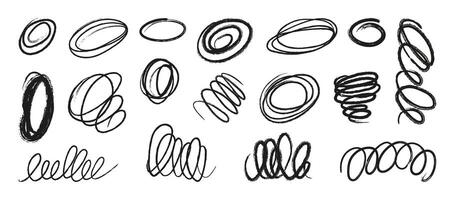 Black crayon curly lines and squiggles. Abstract scribble brush strokes vector set. Hand drawn pencil daub scratches isolated on white background.