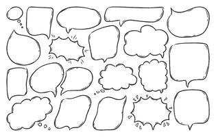 Set black outline speech bubbles isolated on white background. Hand drawn various doodle talk balloons with grunge crayon texture. Empty thought and text clouds. Chat communication sign. Flat vector