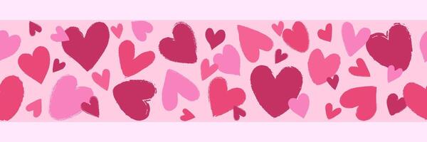 Seamless border in horizontal direction with abstract grunge textured hearts for Happy Valentine's day. Rough, artistic, uneven edges. Shades of red and pink. Template for background, tape, scrapbook vector