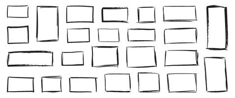 Set black outline frames isolated on white background. Hand drawn various doodle boxes with grunge crayon texture contour. Empty for text. Flat vector illustration