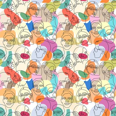 Camouflage seamless pattern with the face of a woman and a man drawn in one line. Seamless background camouflage