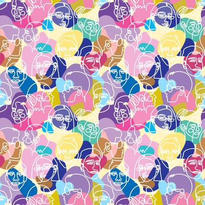 Camouflage seamless pattern with the face of a woman and a man drawn in one line. Seamless background camouflage