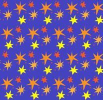 sin costura vector textura en el formar de amarillo y naranja estrellas dibujado en garabatear estilo en un azul antecedentes