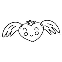 Pink smiling heart with wings and crown. Vector doodle icon