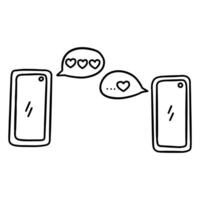 Two phones exchange love messages. Vector doodle outline