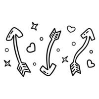 Three arrows with hearts and stars. Vector hand drawn