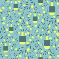 Seamless vector pattern with whimsical bright lemons branches in vases. Minimalistic natural and ceramic background.