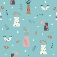 Seamless vector pattern with abstract, whimsical and dry flowers in different shape vases. Minimalistic natural and ceramic background.