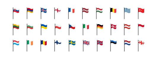 European flags icon. Europe countries set signs. Nation symbol. Banner of France, Germany, Austria, and other symbols. Square form icons. Vector isolated sign.