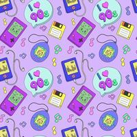 Seamless pattern with retro icons depicting tamagotchi, a game console, a player, glasses and other items in the colorful style of the 80s and 90s. Flat vector illustration.