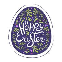 Happy Easter lettering postcard. Easter eggs in doodle style. Spring flower illustration. Greetings and presents for Easter Day. Perfect for a poster, cover, or postcard. Vector flat illustration.