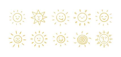 Hand drawn sun icons set. Doodle kids drawing collection. Vector illustration isolated on white background