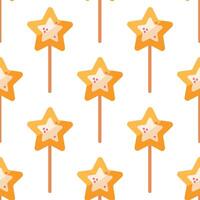 Lollipop seamless vector pattern. Sweet candy on a stick in the shape of a star. Delicious honey caramel with sprinkles. Colorful yellow treat for kids. Flat cartoon background for posters, print, web