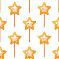 Lollipop seamless vector pattern. Sweet candy on a stick in the shape of a star. Delicious honey caramel with sprinkles. Colorful yellow treat for kids. Flat cartoon background for posters, print, web