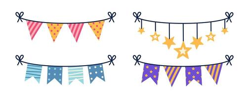 Garlands vector set. Colorful flags in various shapes hanging on a string. Textile decoration for a party, anniversary, carnival, event. Accessory with stripes, polka dots, stars. Flat cartoon clipart