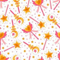 Magic wand seamless vector pattern. Pink sticks with shining crescent moon, gold star, hearts, wings. Tools for a wizard, fairy, kid princess. Colorful toys for tricks, wishes. Flat cartoon background