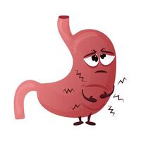 Cartoon stomach character. Concept diseased internal organ, overeating and pain. Vector illustration