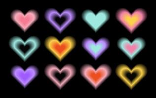 Y2k aesthetic blurred gradient aura hearts. Trendy set of modern blurry figures in brutalism style on black background. Romantic transparent heart elements for social media, posters, ads vector