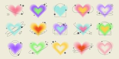 Y2k aesthetic blurred gradient aura hearts with linear circles, stars. Trendy set of modern blurry figures in brutalism style. Romantic transparent heart elements for social media background, posters vector