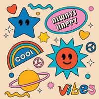 Flat retro 70s hippie stickers psychedelic groovy elements vector