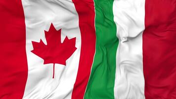 Canadá y Italia banderas juntos sin costura bucle fondo, serpenteado bache textura paño ondulación lento movimiento, 3d representación video
