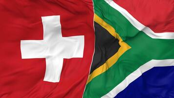 Suiza y sur África banderas juntos sin costura bucle fondo, serpenteado bache textura paño ondulación lento movimiento, 3d representación video
