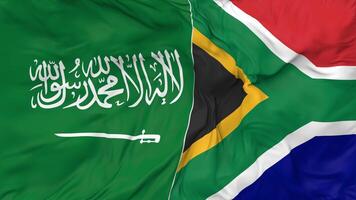 KSA, Kingdom of Saudi Arabia and South Africa Flags Together Seamless Looping Background, Looped Bump Texture Cloth Waving Slow Motion, 3D Rendering video