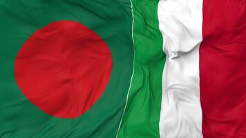 Bangladesh y Italia banderas juntos sin costura bucle fondo, serpenteado bache textura paño ondulación lento movimiento, 3d representación video