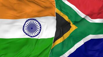 India and South Africa Flags Together Seamless Looping Background, Looped Bump Texture Cloth Waving Slow Motion, 3D Rendering video