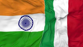 India and Italy Flags Together Seamless Looping Background, Looped Bump Texture Cloth Waving Slow Motion, 3D Rendering video