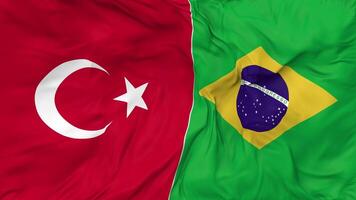 Turkey and Brazil Flags Together Seamless Looping Background, Looped Bump Texture Cloth Waving Slow Motion, 3D Rendering video