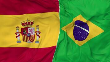 Spanien och Brasilien flaggor tillsammans sömlös looping bakgrund, looped stöta textur trasa vinka långsam rörelse, 3d tolkning video