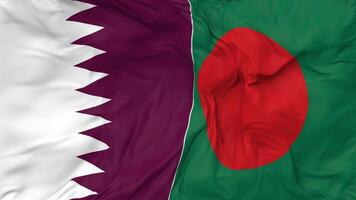 Qatar and Bangladesh Flags Together Seamless Looping Background, Looped Bump Texture Cloth Waving Slow Motion, 3D Rendering video