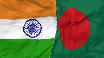 India and Bangladesh Flags Together Seamless Looping Background, Looped Bump Texture Cloth Waving Slow Motion, 3D Rendering video