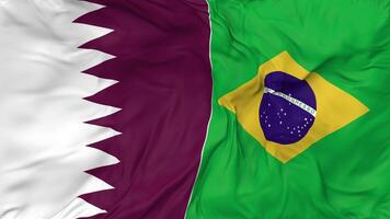 Katar und Brasilien Flaggen zusammen nahtlos Schleifen Hintergrund, geloopt stoßen Textur Stoff winken schleppend Bewegung, 3d Rendern video