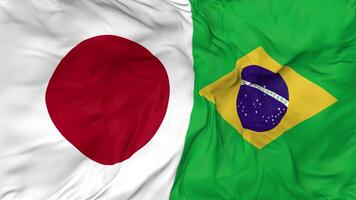 japan och Brasilien flaggor tillsammans sömlös looping bakgrund, looped stöta textur trasa vinka långsam rörelse, 3d tolkning video