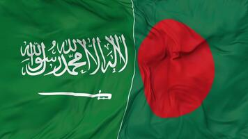 KSA, Kingdom of Saudi Arabia and Bangladesh Flags Together Seamless Looping Background, Looped Bump Texture Cloth Waving Slow Motion, 3D Rendering video