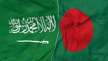 ksa, Royaume de saoudien Saoudite et bangladesh drapeaux ensemble sans couture boucle arrière-plan, en boucle bosse texture tissu agitant lent mouvement, 3d le rendu video