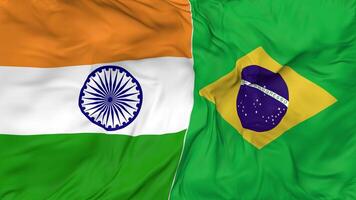 India and Brazil Flags Together Seamless Looping Background, Looped Bump Texture Cloth Waving Slow Motion, 3D Rendering video