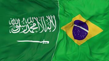 KSA, Kingdom of Saudi Arabia and Brazil Flags Together Seamless Looping Background, Looped Bump Texture Cloth Waving Slow Motion, 3D Rendering video